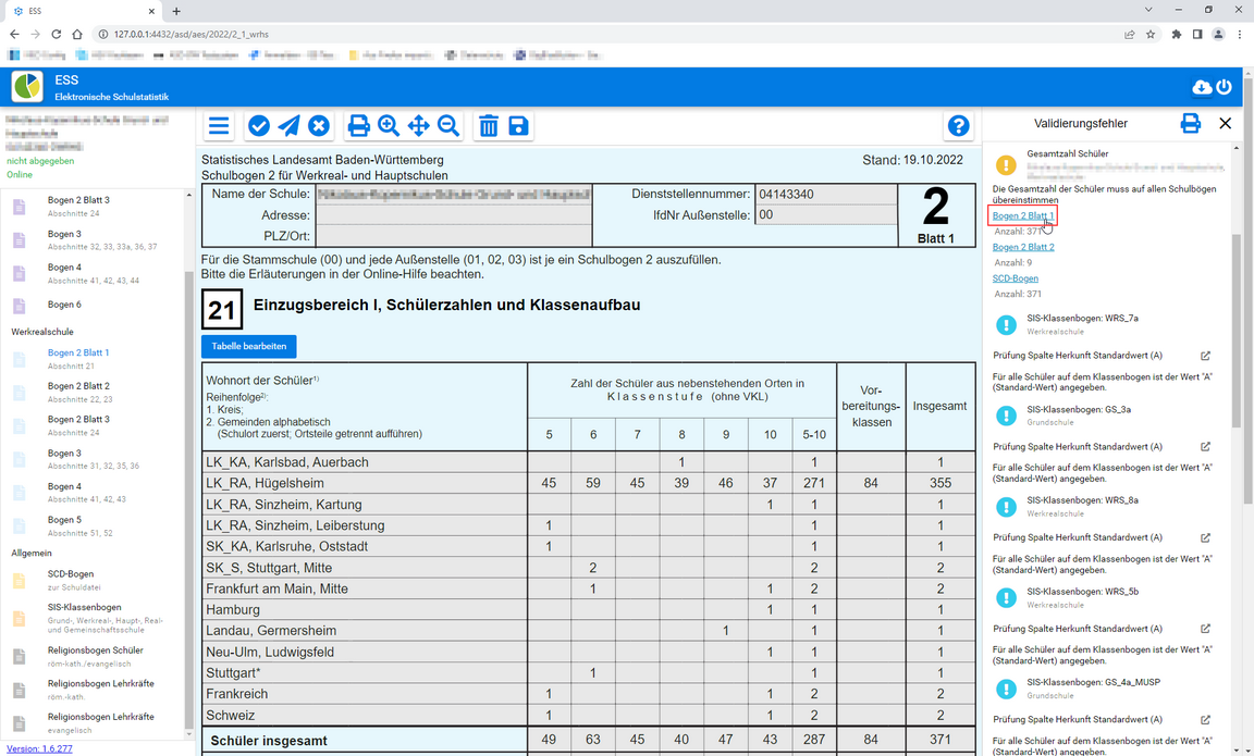 Beispieldarstellungen ESS 2.0 mit eingeblendetem Validierungsdialog